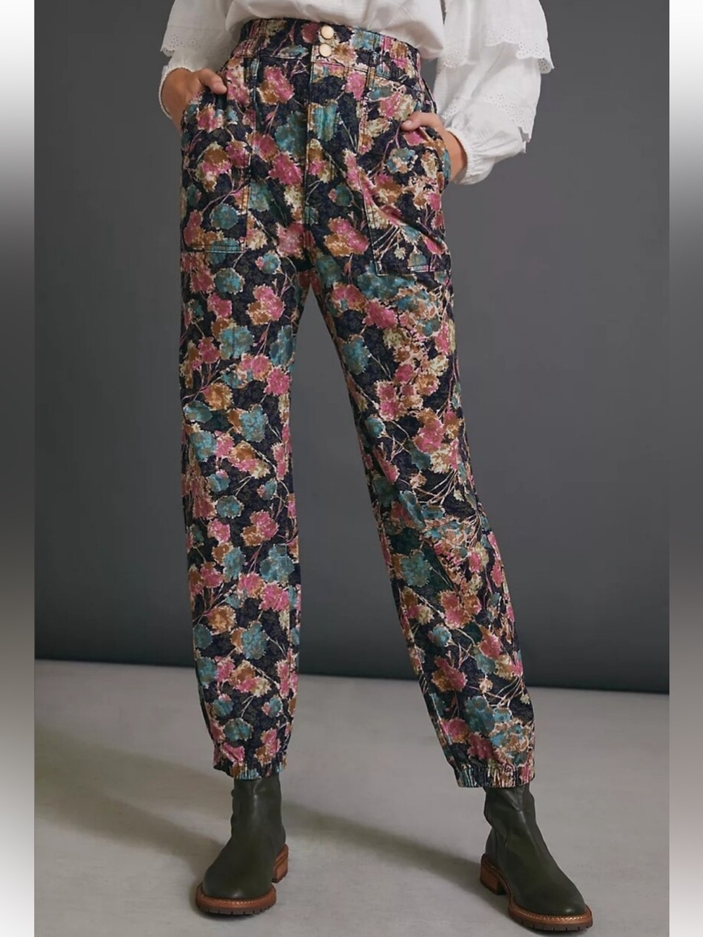 Anthropologie Anisa Floral Corduroy High Rise Joggers Pants